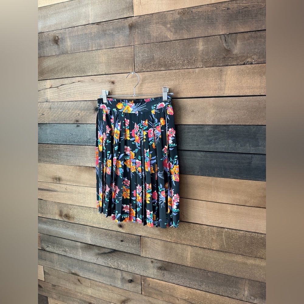 Vintage 90s Chaus Petites Floral Pleated Mini Skirt Elastic Back Waist - Picture 8 of 14